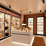 **Elegant boutique interior:** Warm lighting, subtle floral fragrance in the air, ethically sourced products on display, customers browsing comfortably. Focus on the positive atmosphere.