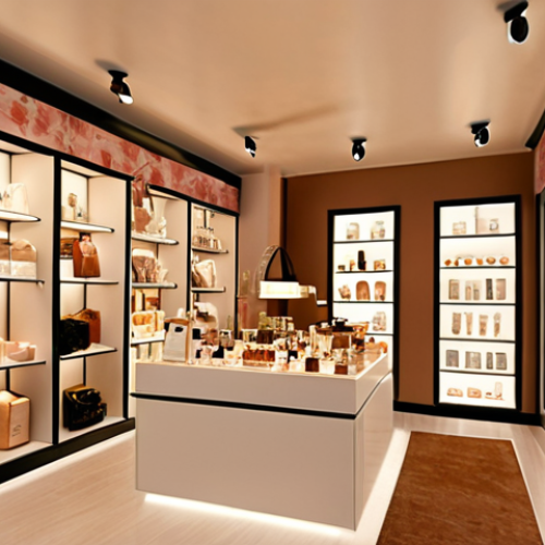 **Elegant boutique interior:** Warm lighting, subtle floral fragrance in the air, ethically sourced products on display, customers browsing comfortably. Focus on the positive atmosphere.