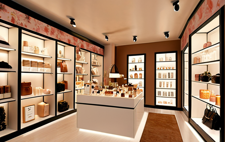 **Elegant boutique interior:** Warm lighting, subtle floral fragrance in the air, ethically sourced products on display, customers browsing comfortably. Focus on the positive atmosphere.