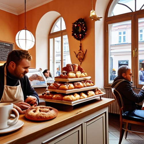 **Prompt:** "A cozy, sunlit café in Kraków. The aroma of freshly baked *szarlotka* fills the air, enticing customers. Soft, warm lighting, inviting atmosphere, people enjoying coffee and dessert. Focus on the sensory experience – the feeling of comfort and deliciousness. A hint of Christmas market vibes."