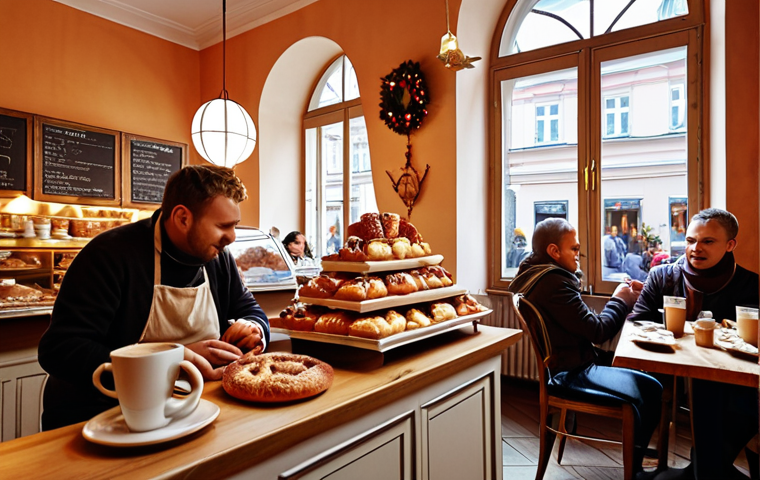 **Prompt:** "A cozy, sunlit café in Kraków. The aroma of freshly baked *szarlotka* fills the air, enticing customers. Soft, warm lighting, inviting atmosphere, people enjoying coffee and dessert. Focus on the sensory experience – the feeling of comfort and deliciousness. A hint of Christmas market vibes."