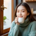 향기 마케팅을 위한 향기 선정 기준 - **Aromatic Memory in a Cozy Cafe**
    A young woman, approximately 25-30 years old, with soft, gent...