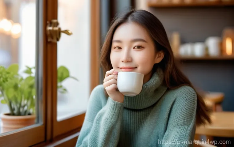 향기 마케팅을 위한 향기 선정 기준 - **Aromatic Memory in a Cozy Cafe**
    A young woman, approximately 25-30 years old, with soft, gent...