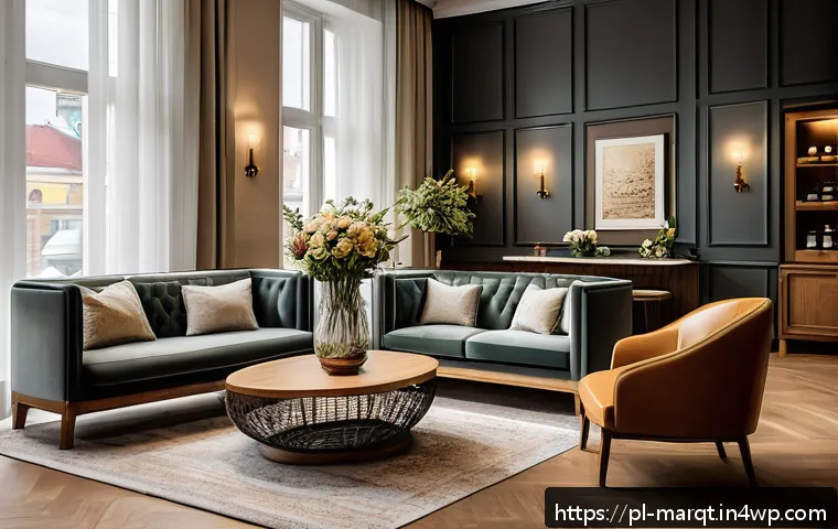 향기 마케팅의 성패를 가르는 요소 - A cozy boutique hotel lobby infused with subtle vanilla and sandalwood scents, featuring warm ambien...