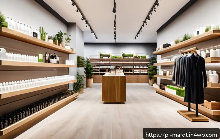 향기 마케팅 효과 측정 방법 - A modern retail store interior in Poland with subtle warm lighting and elegant wooden shelves, featu...