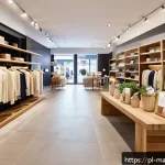 Home 21 향기 마케팅의 성공 요소 - A modern Polish boutique clothing store interior, warmly lit with soft vanilla-scented ambiance; ele...