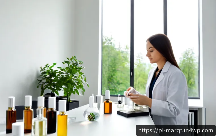 Home 16 향기 마케팅을 위한 기능성 향수 개발 - Photorealistic functional fragrance development scene in a modern Warsaw sensory laboratory, Polish ...