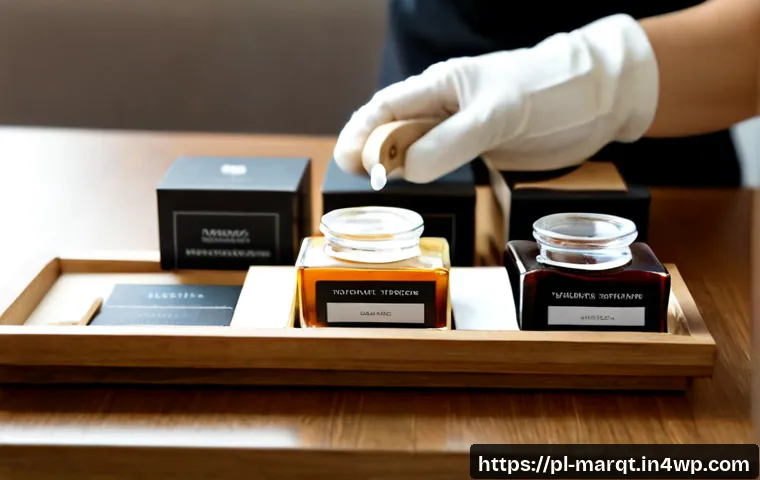 Home 16 향기 마케팅을 위한 샘플 제작 팁 - Photorealistic scent marketing sample preparation on a clean Warsaw boutique studio desk, a pair of ...